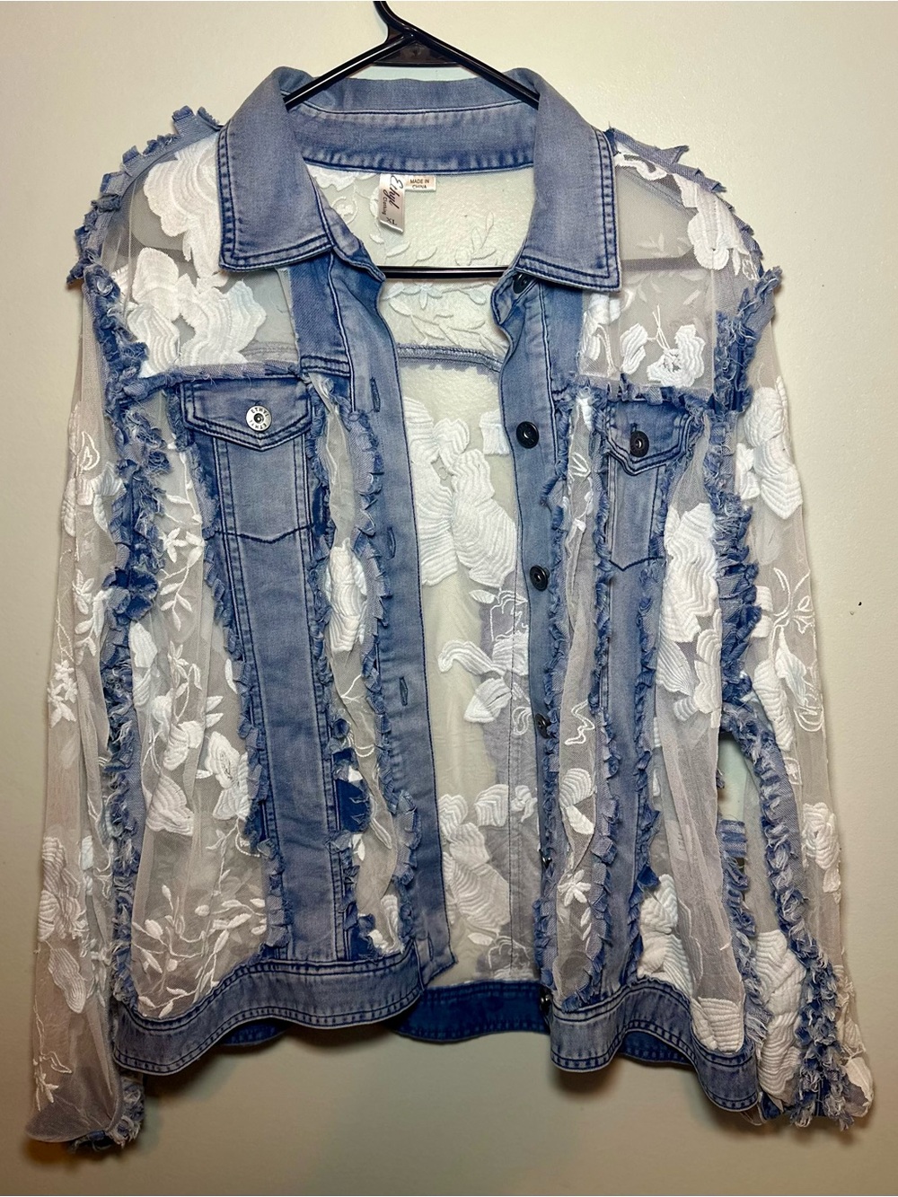 Light Blue Sheer Floral Lace Denim Jacket
